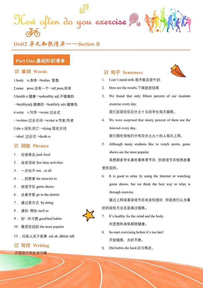 人教版初中英语8上Unit2 SectionB 单元知识梳理 (基础+知识点+写作)（word+PDF）01