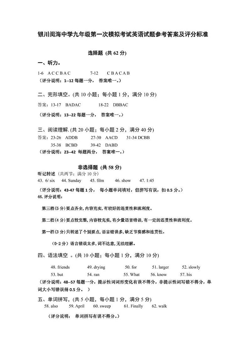 英语试卷参考答案及评分标准第1页