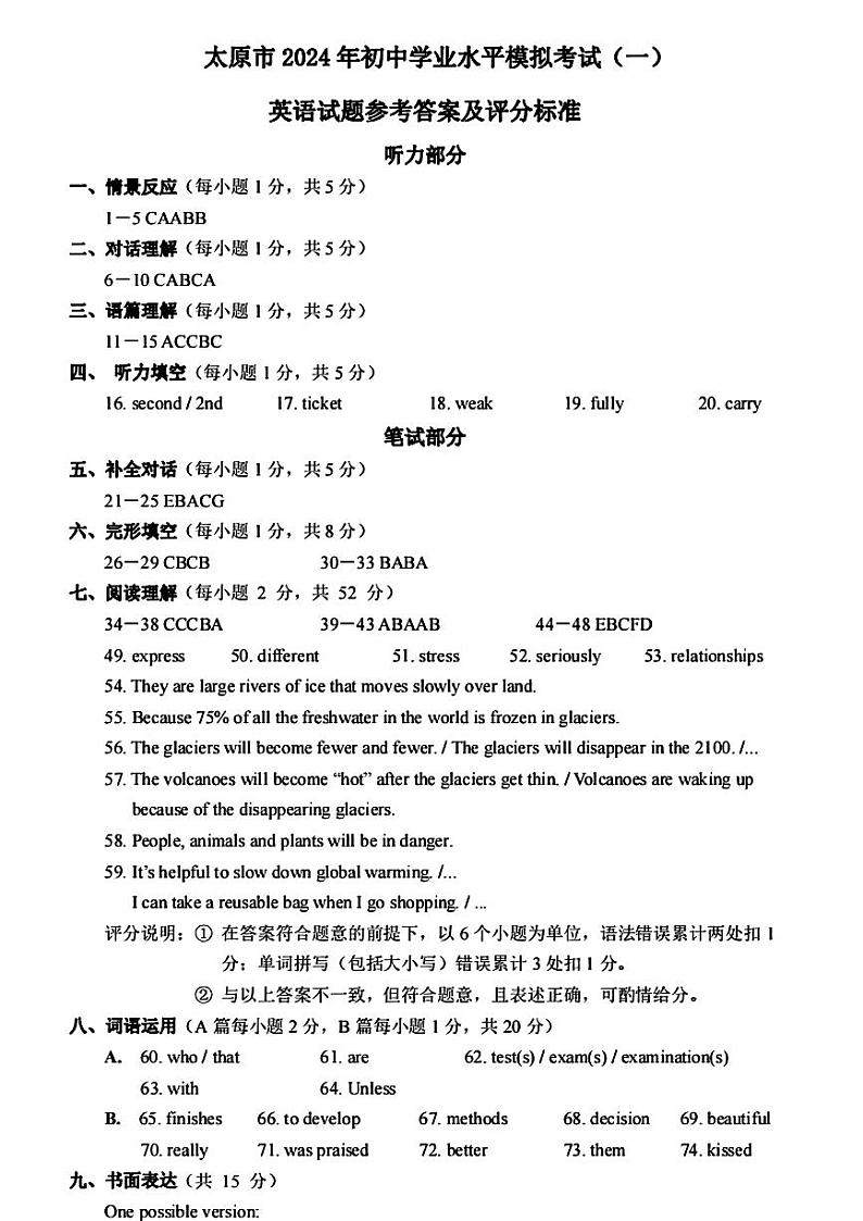 2024年山西省太原市九年级一模英语试题含答案01
