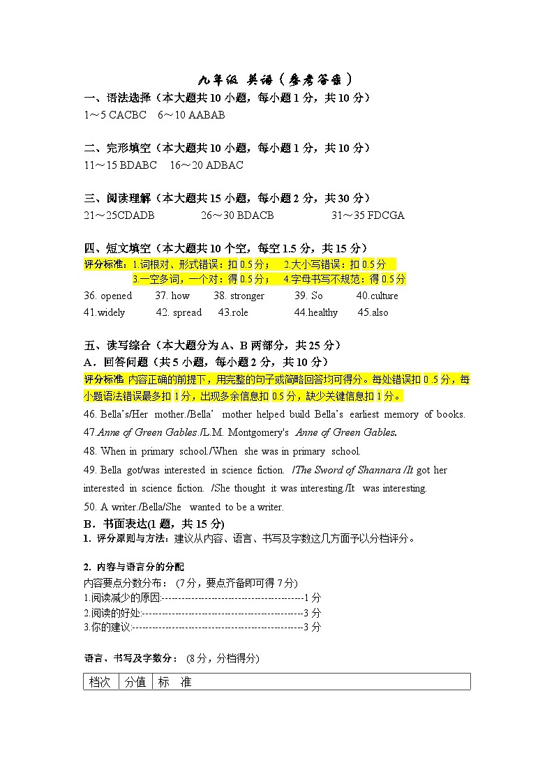 2023-2024学年第二学期第一次模拟考试英语答案第1页