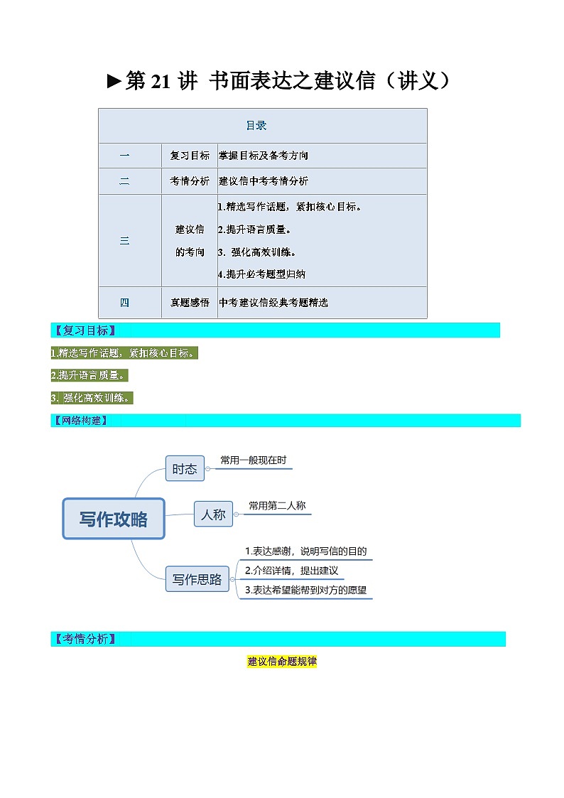 第21讲 书面表达之建议信（讲义）-2024年中考英语一轮复习讲练测（全国通用）（原卷版）第1页