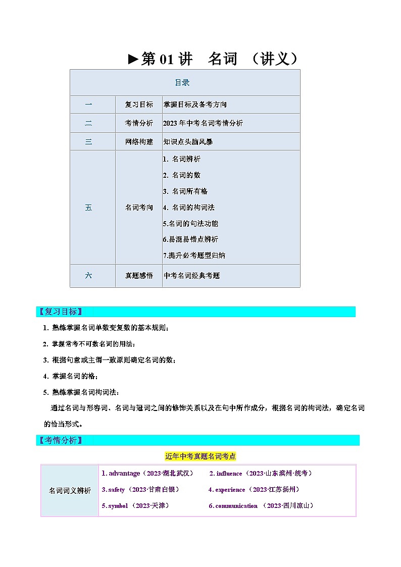 第01讲 名词（讲义）-2024年中考英语一轮复习讲练测（全国通用）（学生版）第1页