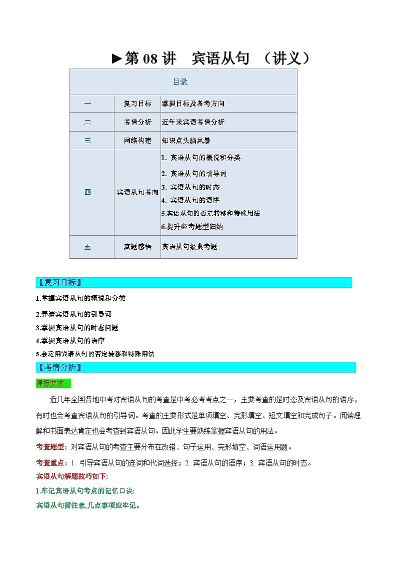 第08讲 宾语从句（讲义）-2024年中考英语一轮复习讲练测（全国通用）（学生版）第1页