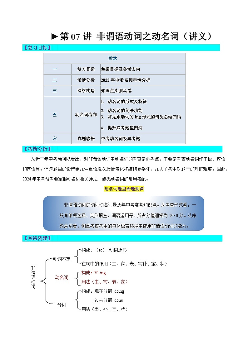 第06讲 非谓语动词之动名词（讲义）-2024年中考英语一轮复习讲练测（全国通用）（教师版）第1页