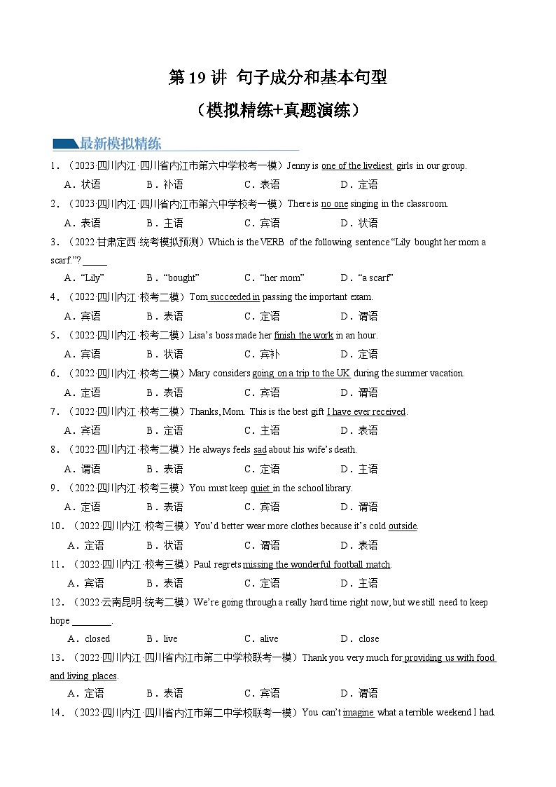 第19讲 句子成分和基本句型（练习）-2024年中考英语一轮复习讲练测（全国通用）（原卷版）第1页