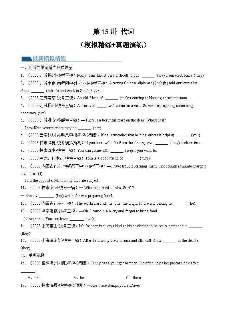 第15讲 代词（练习）-2024年中考英语一轮复习讲练测（全国通用）（原卷版）第1页