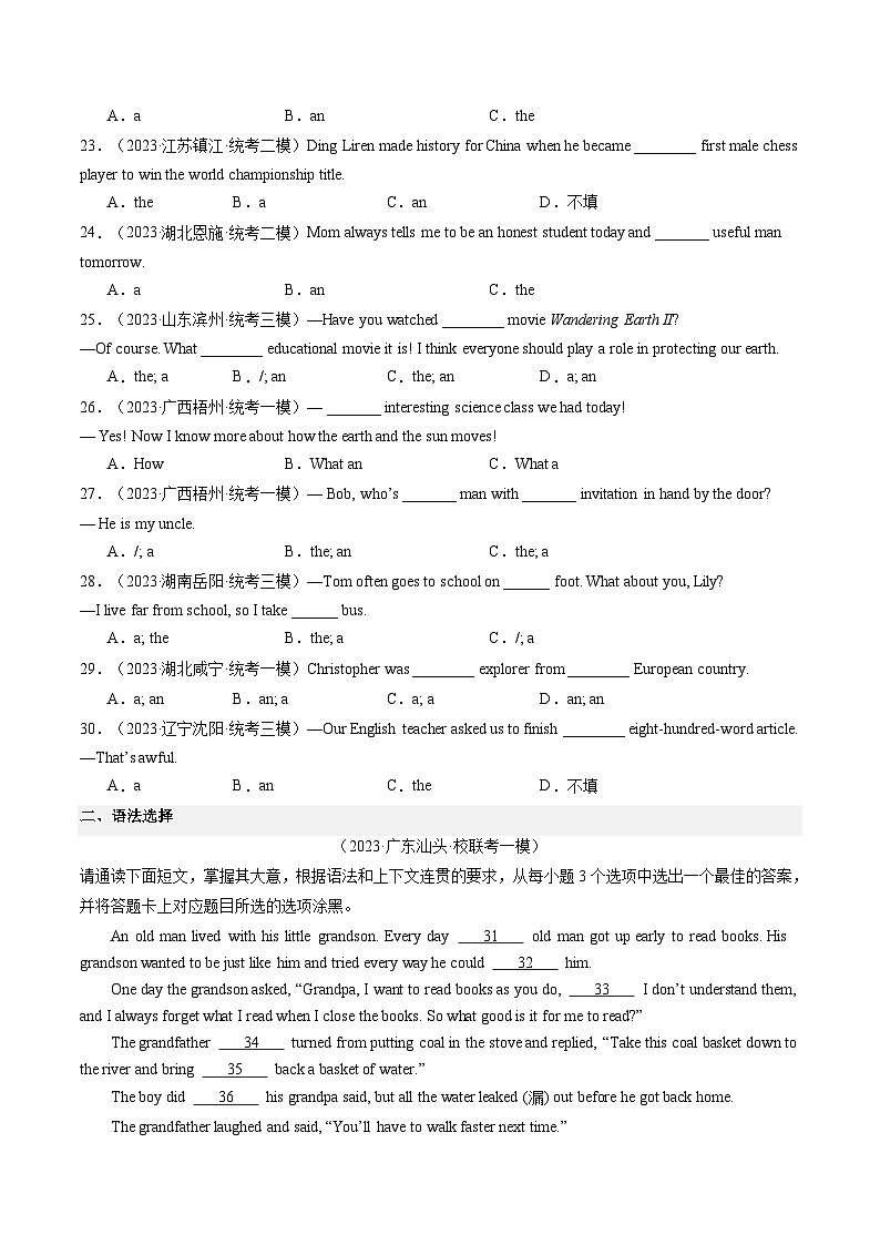 第16讲 冠词（练习）-2024年中考英语一轮复习讲练测（全国通用）（原卷版）第3页