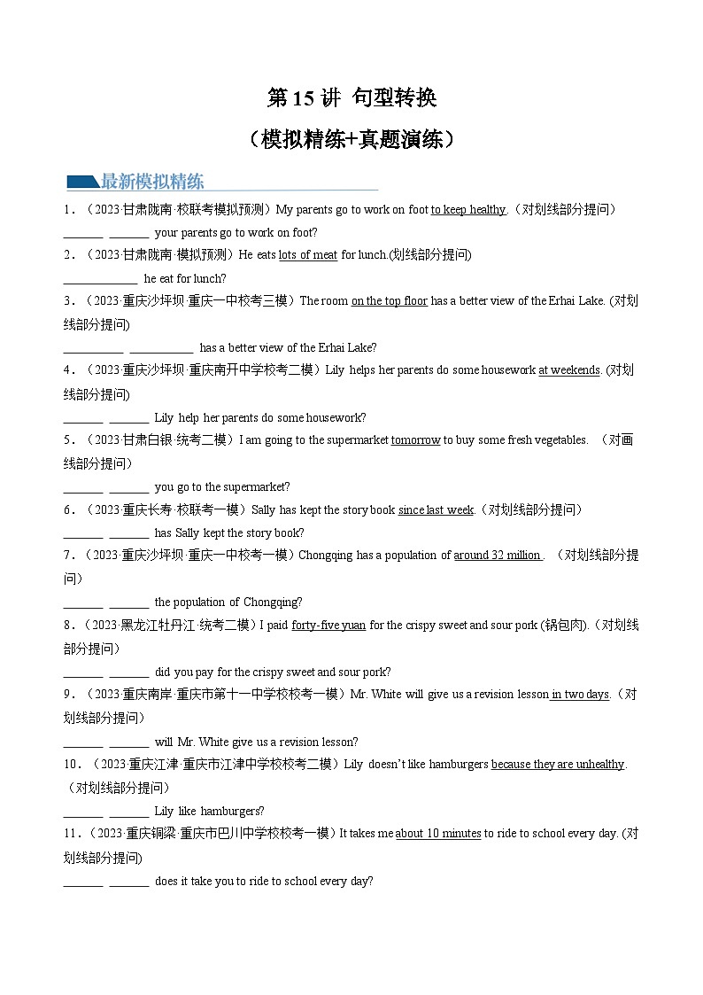 第15讲 句型转换（练习）-2024年中考英语一轮复习讲练测（全国通用）（原卷版）第1页