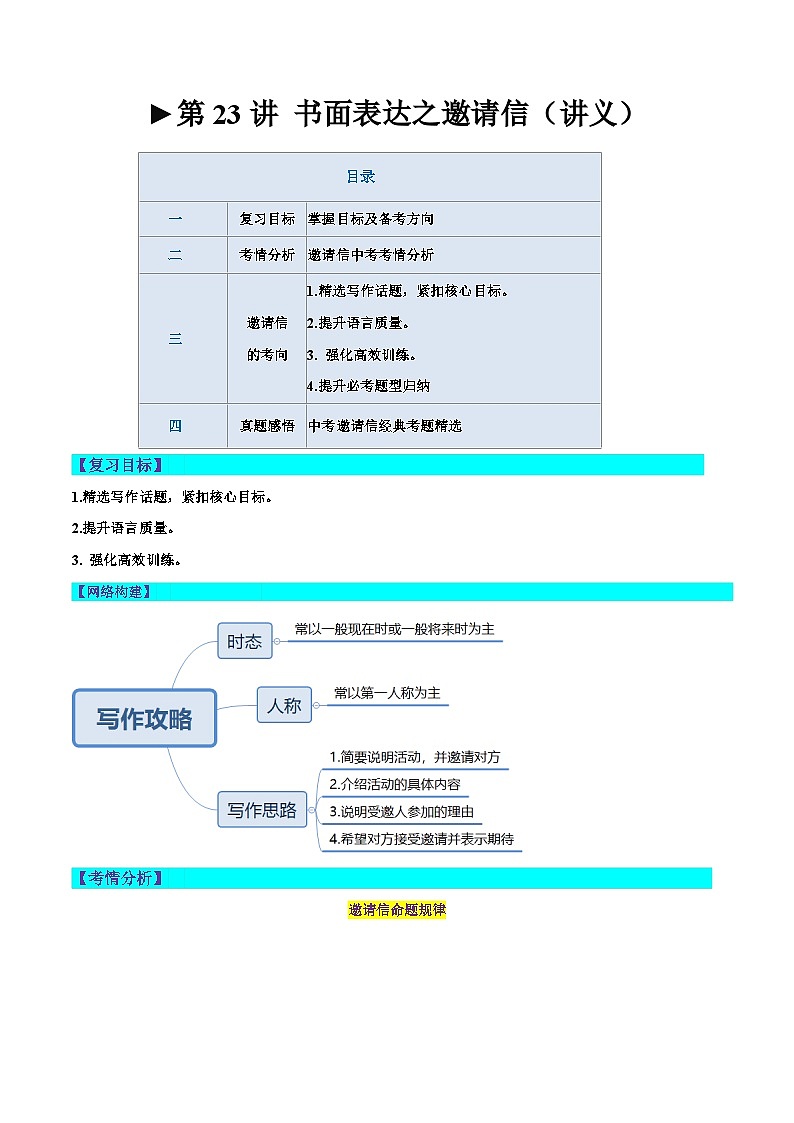 第23讲 书面表达之邀请信（讲义）-2024年中考英语一轮复习讲练测（全国通用）（原卷版）第1页