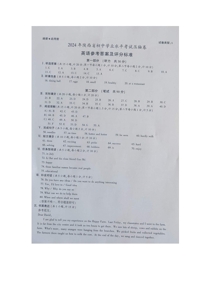 2024年陕西省商洛市商南县中考模拟预测英语试题01