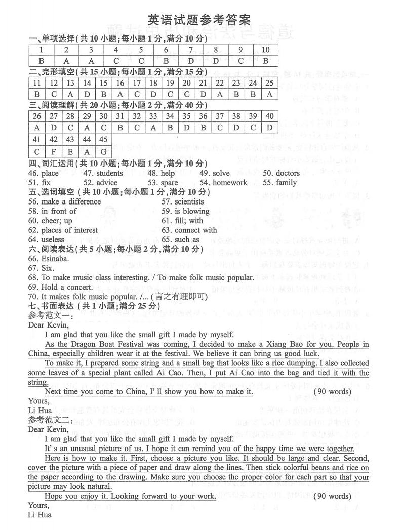 连云港市2024年初中学业水平考试《英语》试题参考答案01