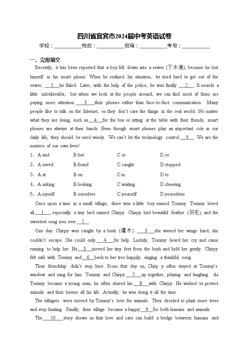 四川省宜宾市2024届中考英语试卷(含答案)01