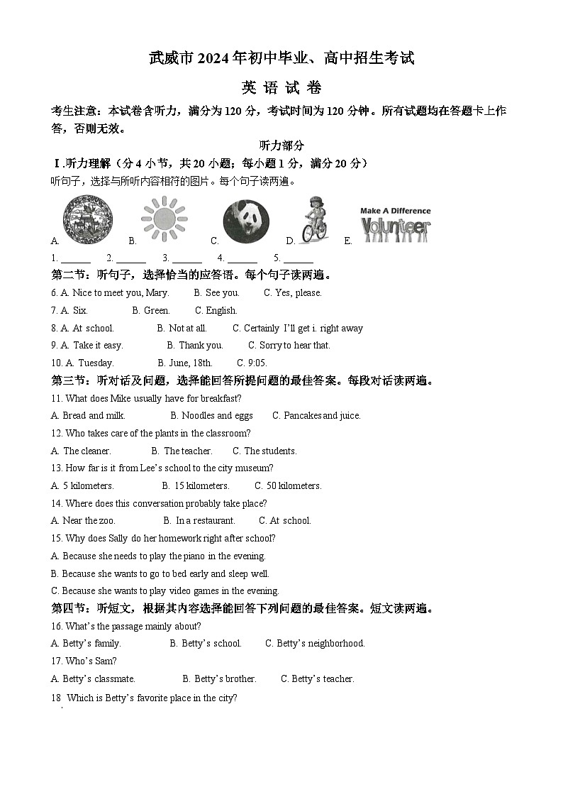 精品解析：2024年甘肃省武威市、嘉峪关市、临夏州中考英语真题（原卷版）01
