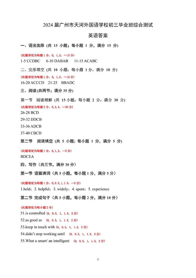 2024届广州市天河外国语学校初三毕业班综合测试（三模）英语答案第1页