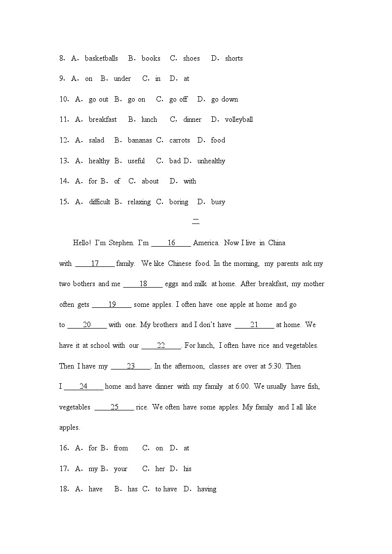 期末复习完形填空练习  人教版英语七年级上册02