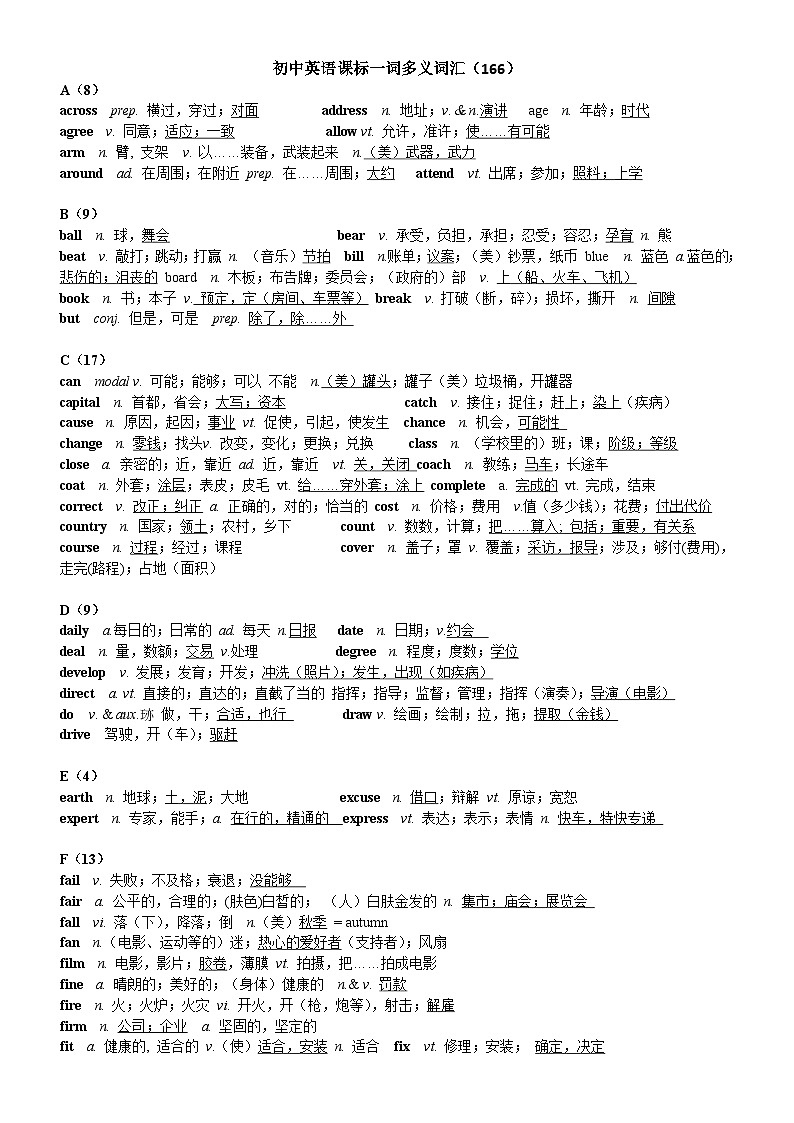 外研版初中英语中考词汇练习-一词多义词汇第1页