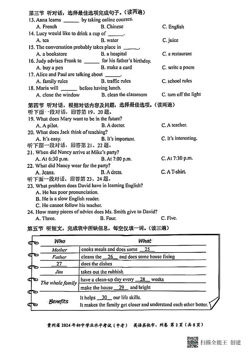 2024年贵州省中考英语试题（其他市、州卷）第2页