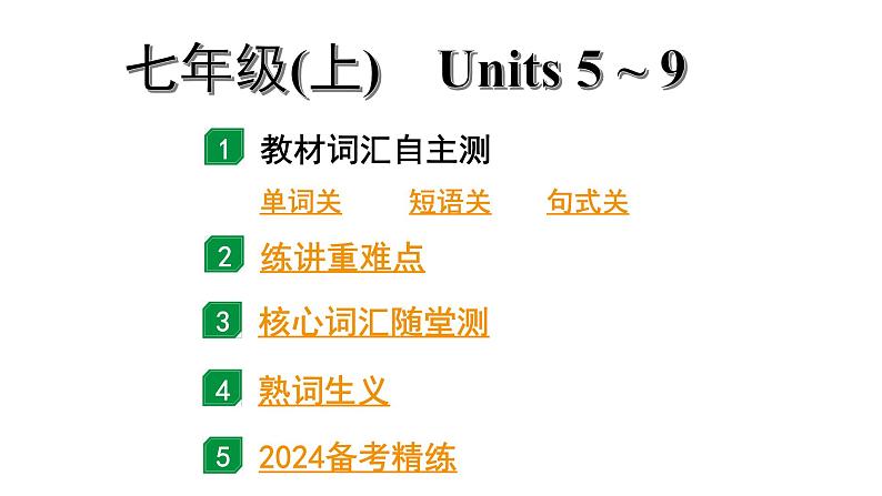 2024广东中考英语二轮复习 教材梳理 七年级（上）Units 5~9（课件）第1页