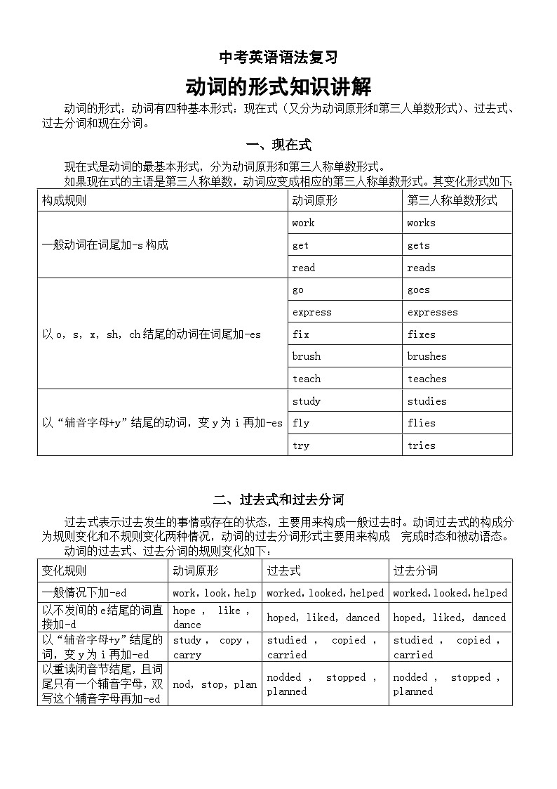 初中英语2024届中考语法复习动词的形式知识讲解第1页