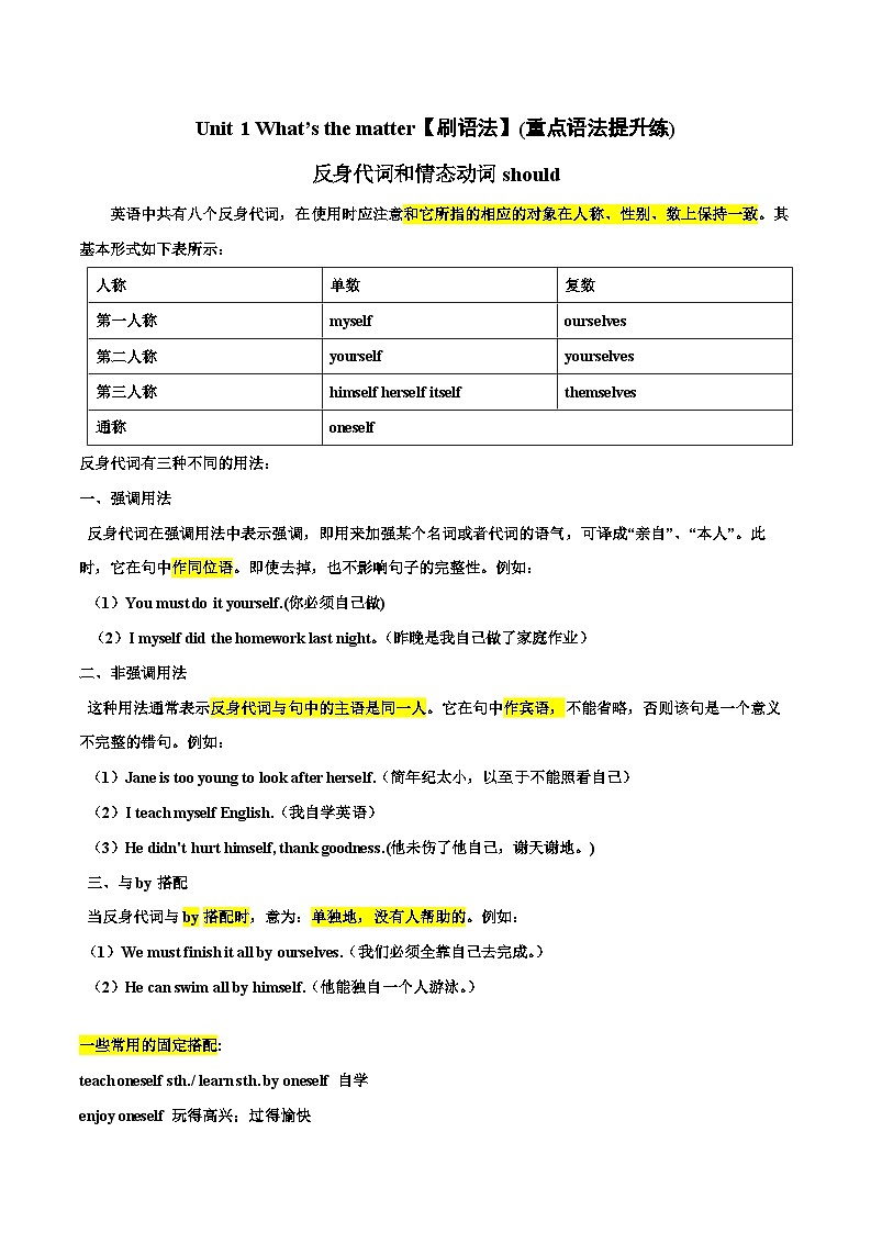 Unit 1【刷语法】反身代词和情态动词should(重点语法提升练)-2023-2024学年八年级英语下册单元模块满分必刷题（人教版）01