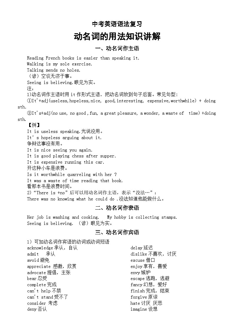 初中英语2024届中考语法复习动名词的用法知识讲解01