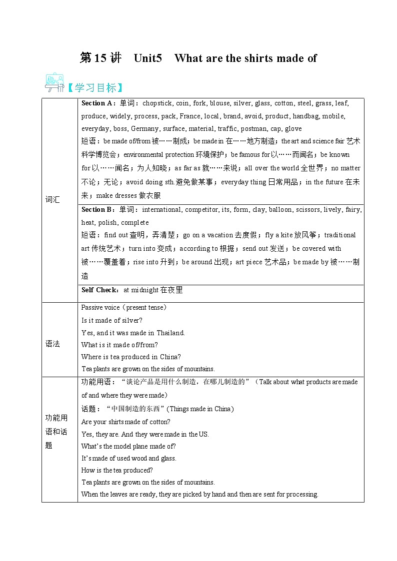 第15讲 Unit5 What are the shirts made of-（人教版）新九年级英语暑假讲义（教师版+学生版）01