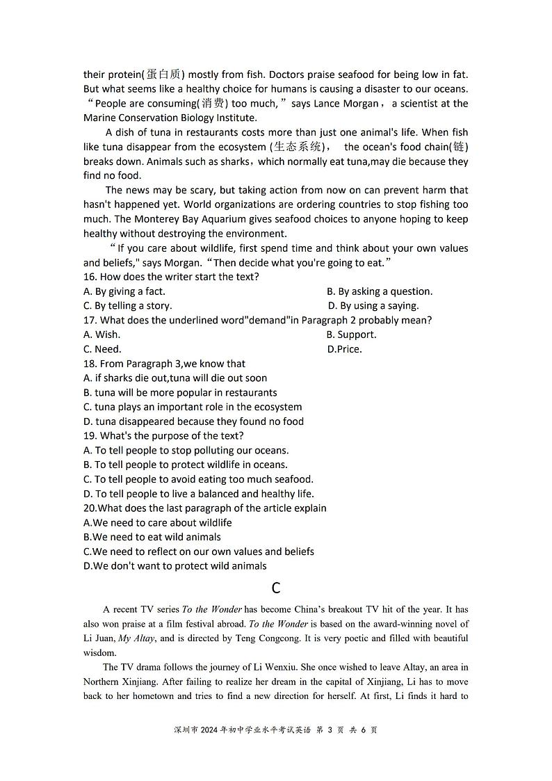 2024年广东省深圳市中考英语试题03