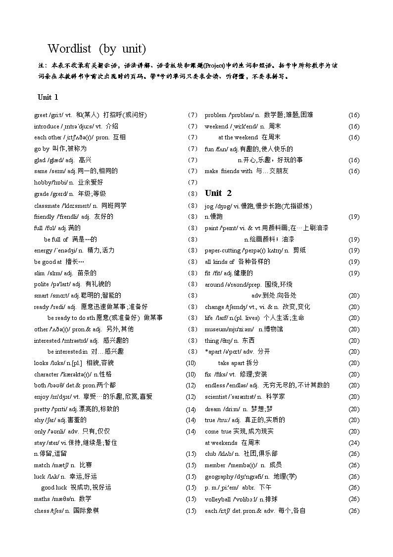 2024-2025学年新版牛津译林版英语七年级上学期词汇表讲义01