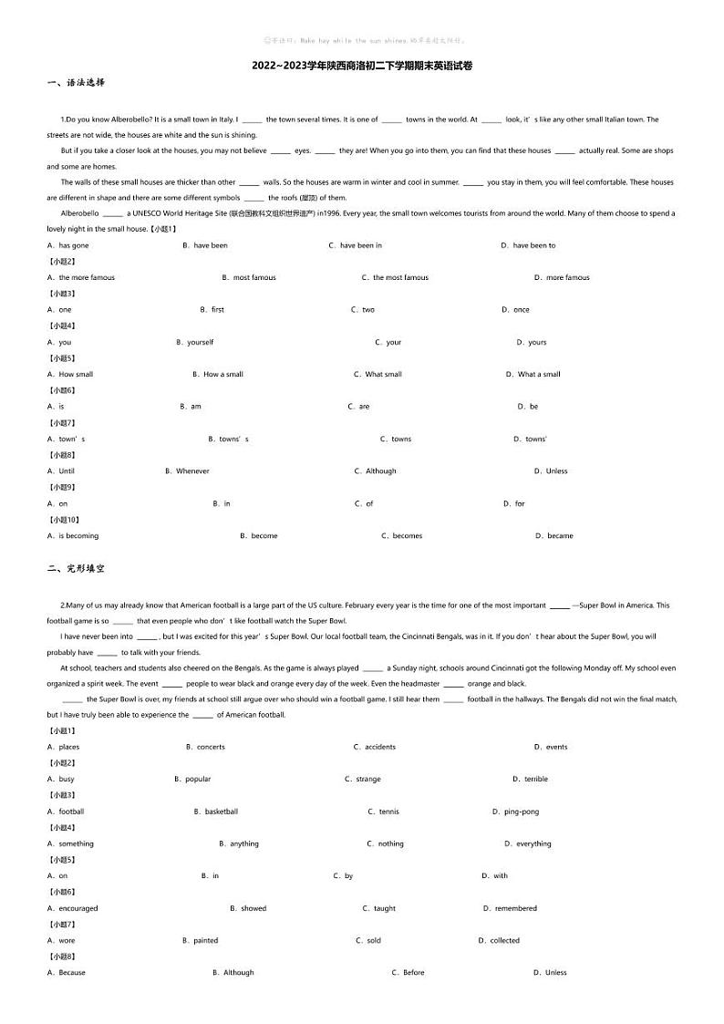 [英语][期末]2022~2023学年陕西商洛初二下学期期末英语试卷(无答案)第1页