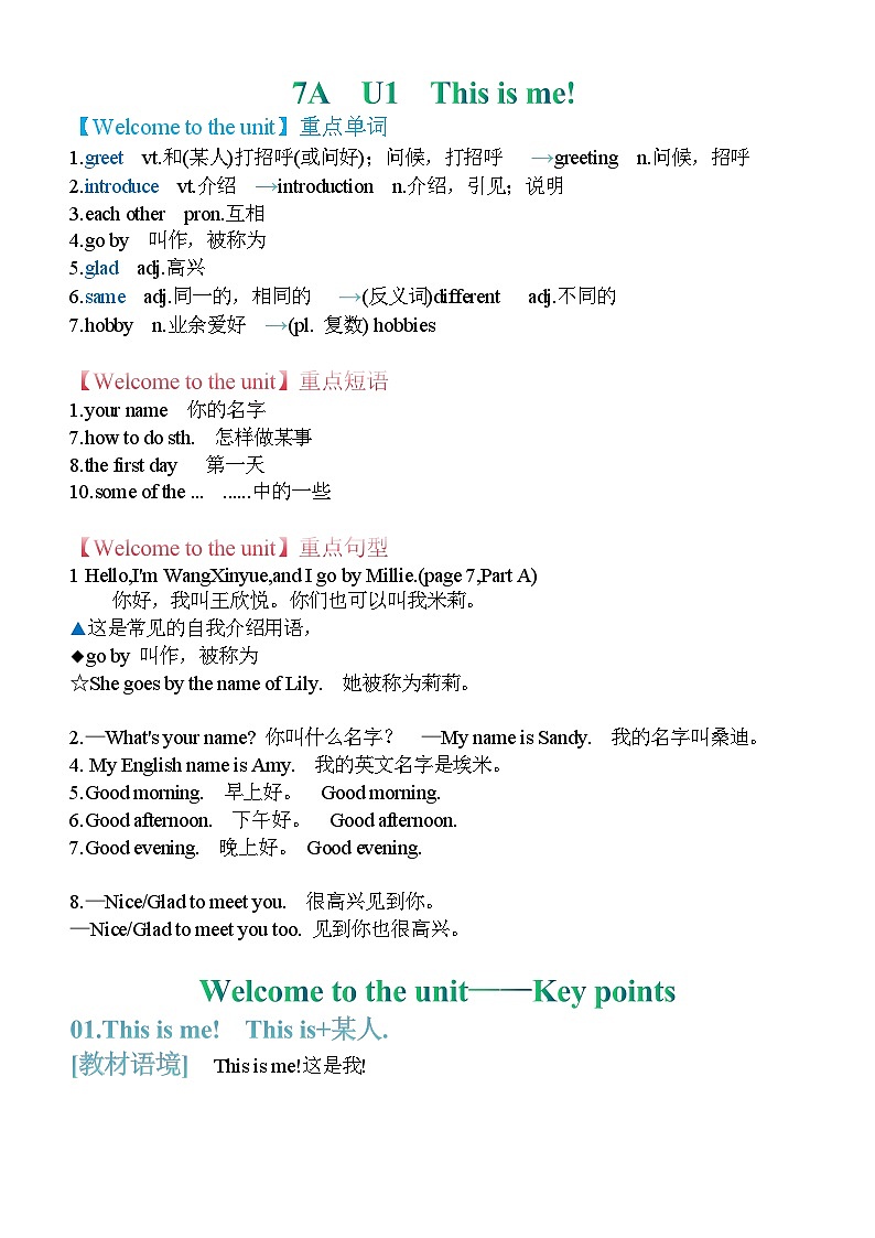 新七上Unit 1  This is me !-welcome  知识点讲义01