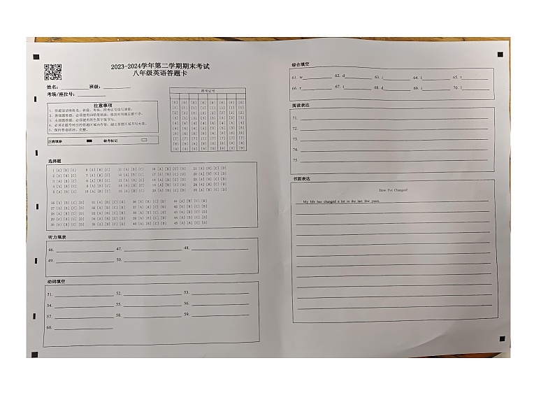 山东省东营市广饶县2023-2024学年八年级下学期期末--英语答题卡第1页