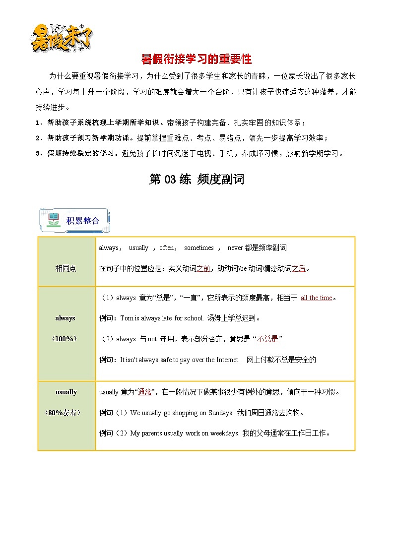 第03练 频度副词-【暑假衔接】七升八年级英语（人教版）01