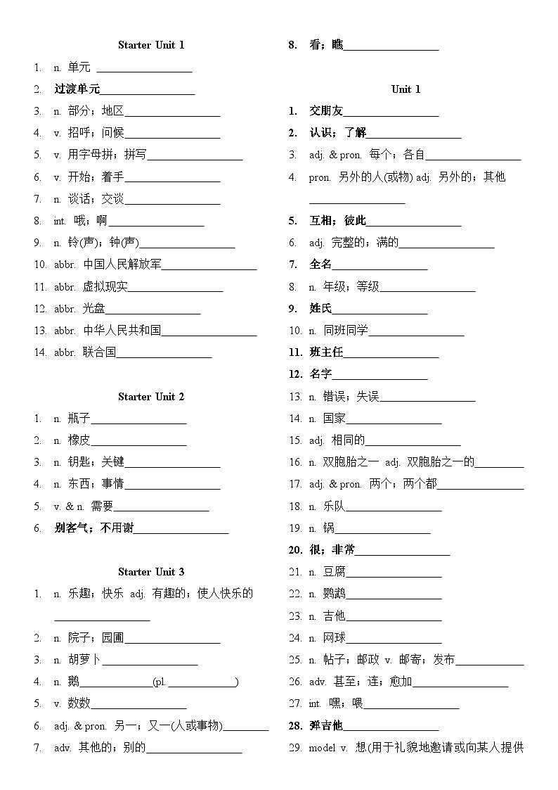 24年秋人教版（新版）英语七年级上册单词默写表 学案第1页