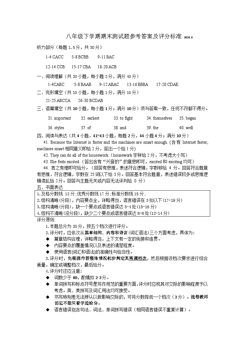 八年英语下学期期末测试参考答案第1页