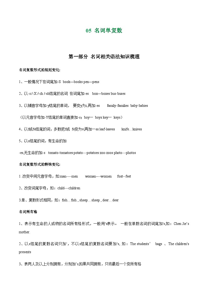 Unit5  名词单复数 七上单元语法知识点与题型精练 含解析（新牛津译林版）01