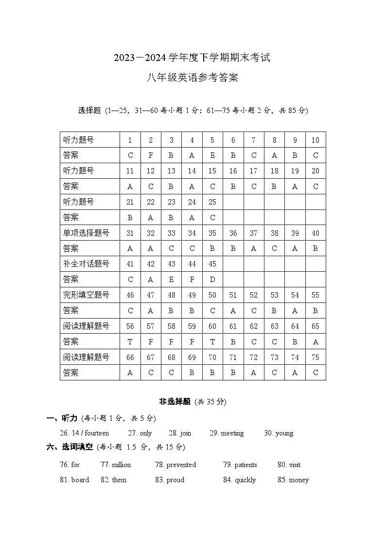2023—2024学年度广西岑溪市八年级春学期期末英语考试答案第1页