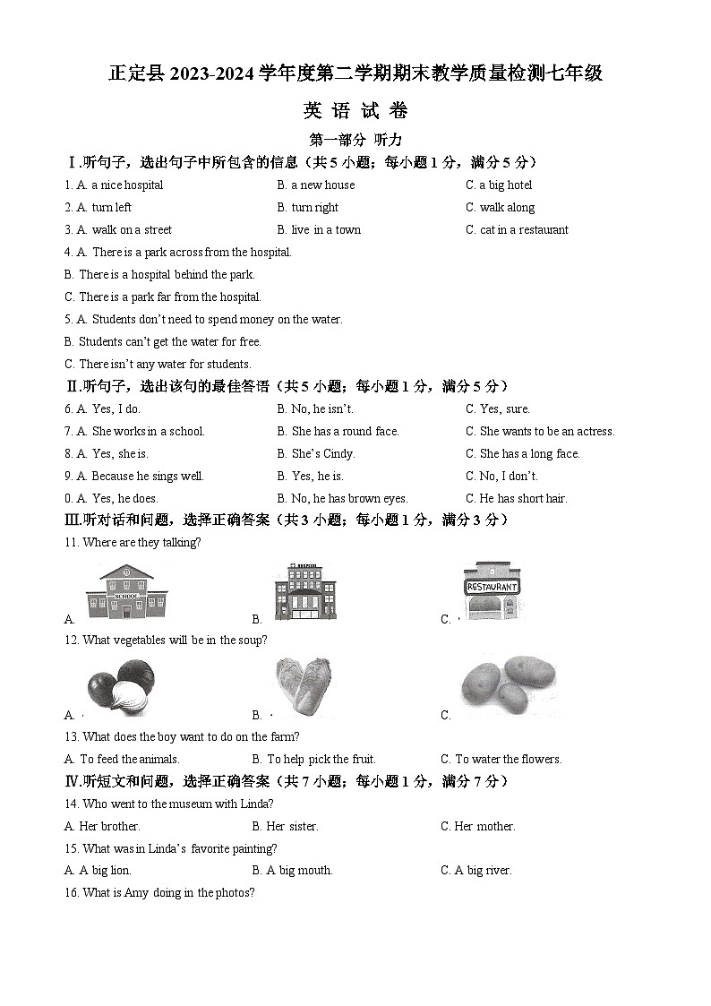 河北省石家庄市正定县2023-2024学年七年级下学期期末教学质量检测英语试题01