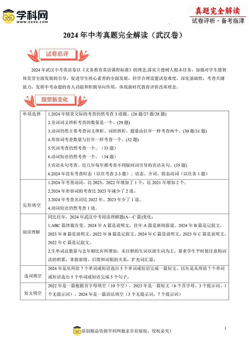 2024年中考英语真题完全解读（武汉卷）第1页