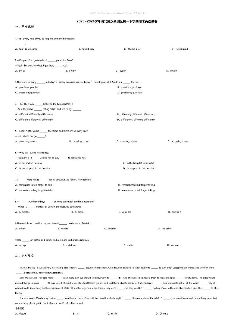 [英语][期末]2023_2024学年湖北武汉新洲区初一下学期期末英语试卷第1页