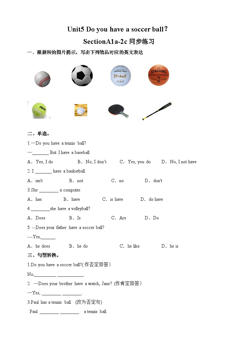 人教新目标 (Go for it) 版英语  七年级上册Unit5 Do you have a soccer ball？ SectionA1a-2c练习第1页