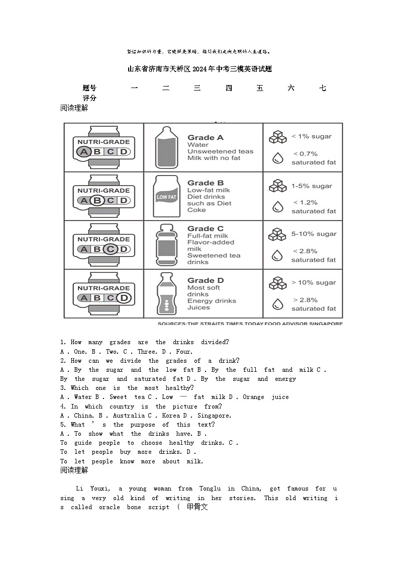 [英语][三模]山东省济南市天桥区2024年中考三模英语试题01