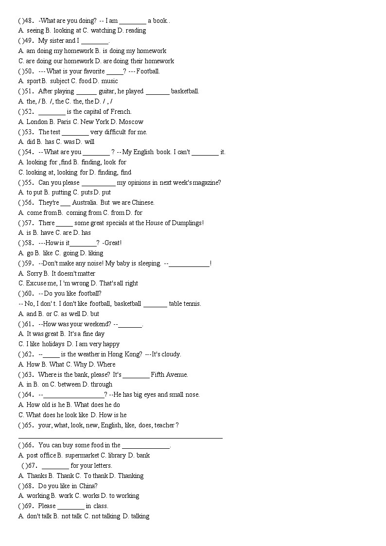初中英语七年级初一单项选择题300题（含答案）03