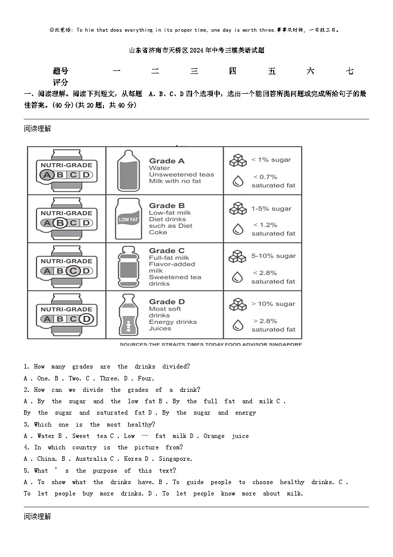 [英语]山东省济南市天桥区2024年中考三模英语试题01
