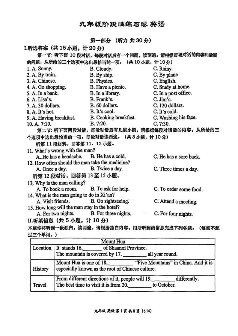 [英语]2024年陕西省西安市高新第一中学中考第九次模拟英语试卷(有答案)第1页
