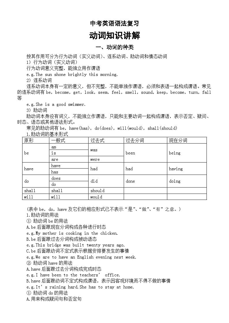 初中英语2024届中考语法复习动词知识讲解第1页