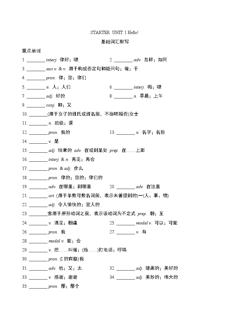 Starter Unit 1 Hello！重点词汇 短句（试卷）2024-2025学年人教版英语七年级上册01