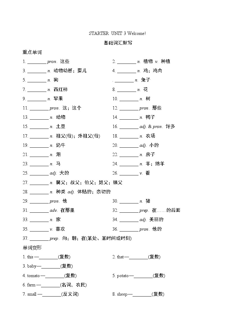 Starter  Unit 3 重点词汇 短句（试卷）2024-2025学年人教版英语七年级上册01