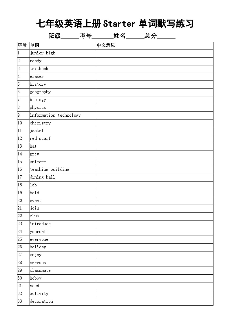 初中英语新外研版七年级上册Starter词汇表单词默写练习（2024秋）01