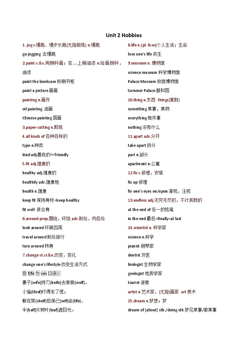 24年新牛津译林版 新七上Unit 2 Hobbies  单词讲义+单词详解及练习01