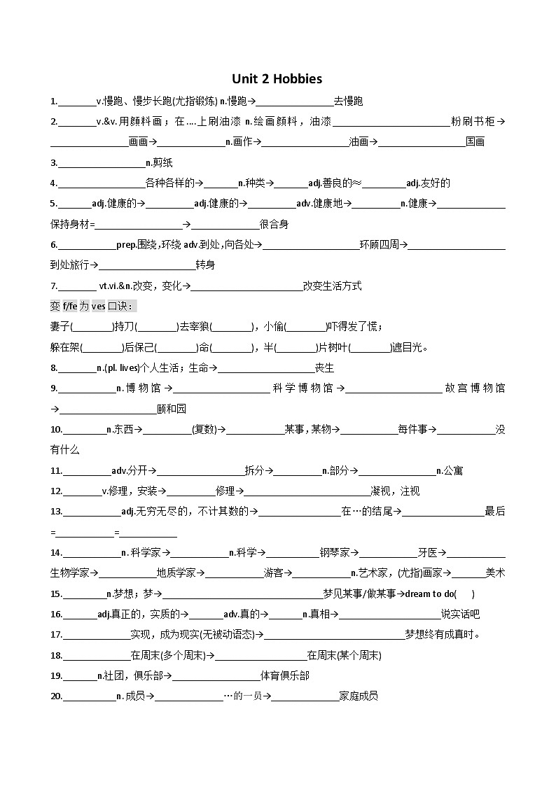 24年新牛津译林版 新七上Unit 2 Hobbies  单词讲义+单词详解及练习01